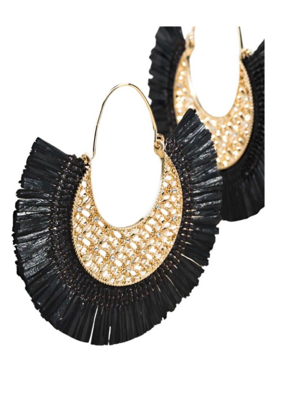 Boho Black Fringe Hoop Earrings with Gold Accent